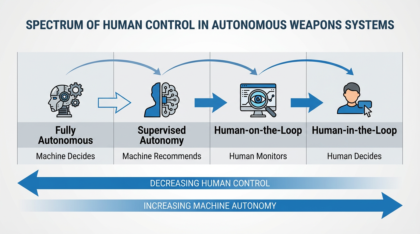 Diagram illustrating the spectrum of human control in AI weapons systems from full autonomy to human-in-the-loop