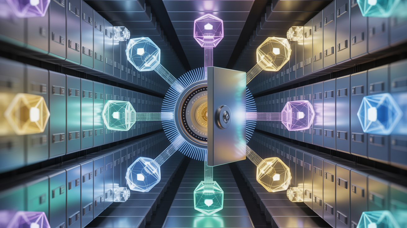 Multi-Party Computation (MPC) custody technology showing encrypted key shards distributed across secure nodes