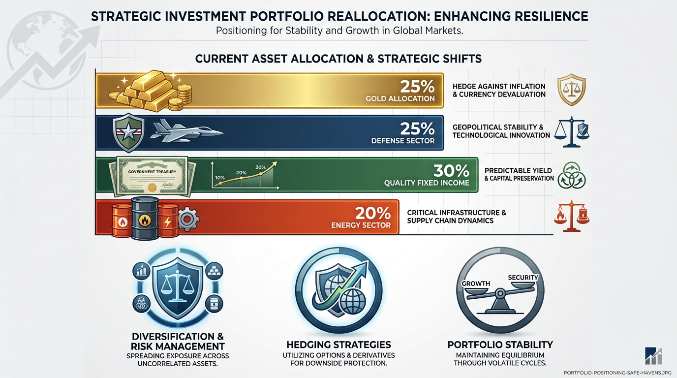 Investment portfolio strategy showing safe-haven assets during geopolitical crisis