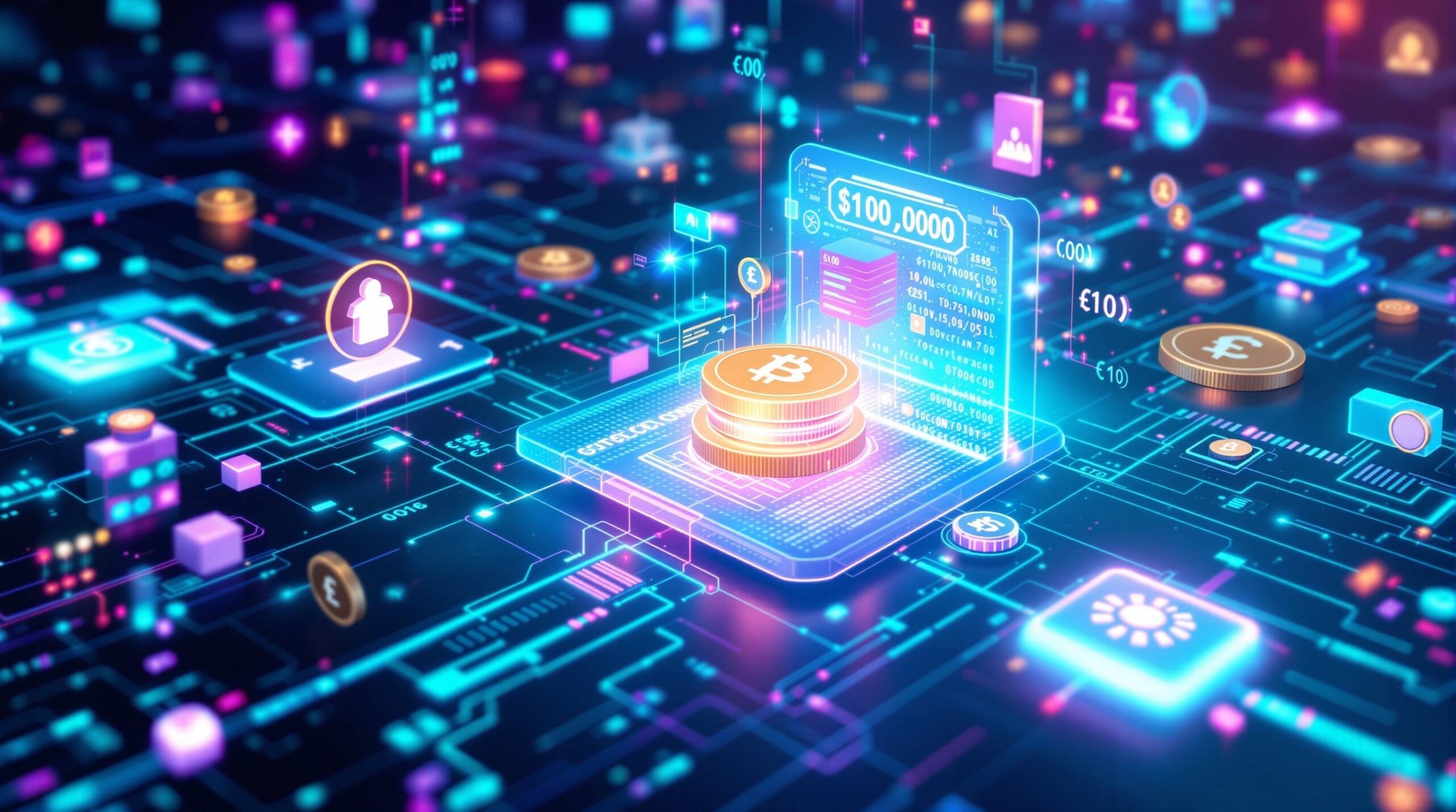 Futuristic visualization of programmable money and smart contracts with AI agents, holographic interfaces, and automated payment processing representing the future of digital finance