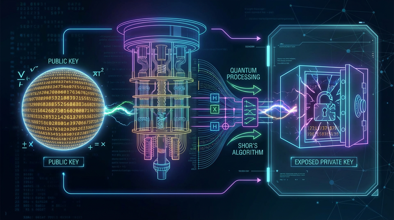 Technical diagram showing how quantum computers use Shor's algorithm to derive private keys from public keys in blockchain transactions