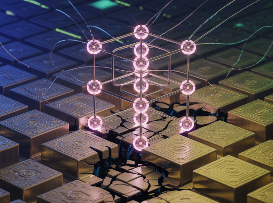 Quantum computing circuits threatening blockchain network security with glowing qubits penetrating crystalline blockchain structure