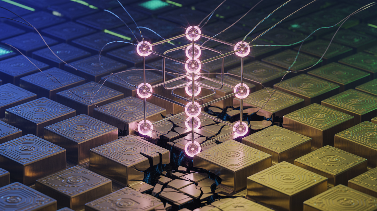 Quantum computing circuits threatening blockchain network security with glowing qubits penetrating crystalline blockchain structure