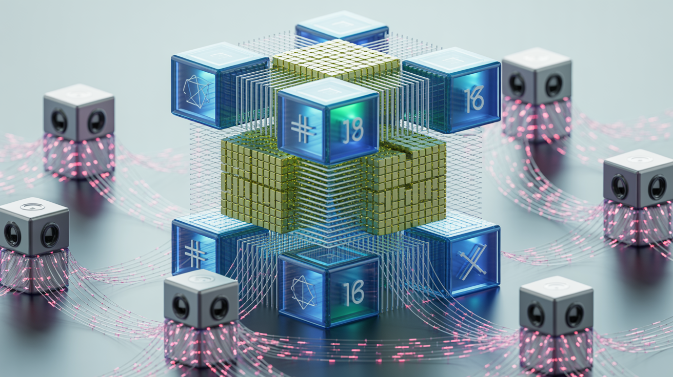 Futuristic visualization of quantum-resistant blockchain technology with advanced lattice-based encryption successfully defending against quantum attacks