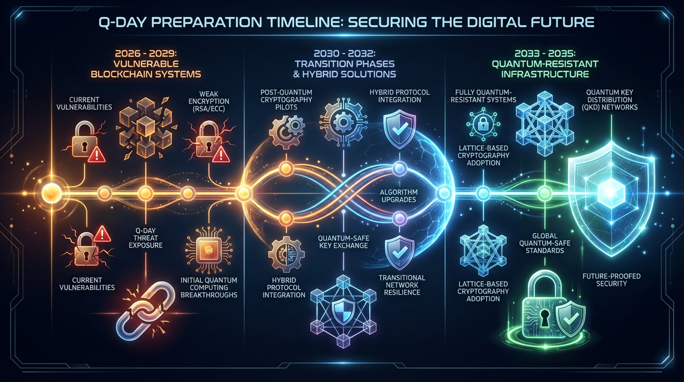 Timeline visualization from 2026 to 2035 showing blockchain industry migration to quantum-resistant cryptography and Q-Day preparation
