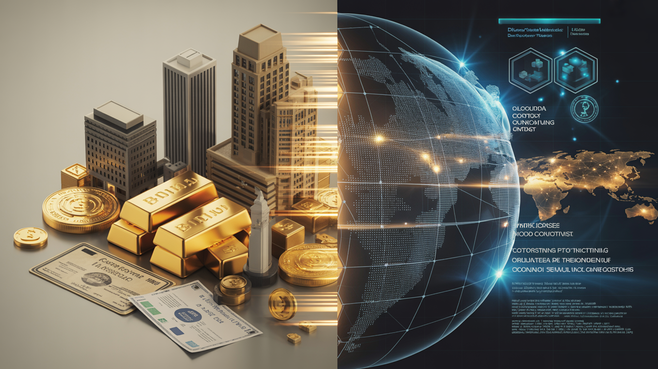 Real-world assets transforming into digital tokens on blockchain showing fractional ownership and enhanced liquidity