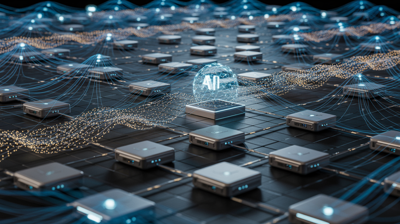 Futuristic distributed AI network showing edge computing and agentic AI architecture