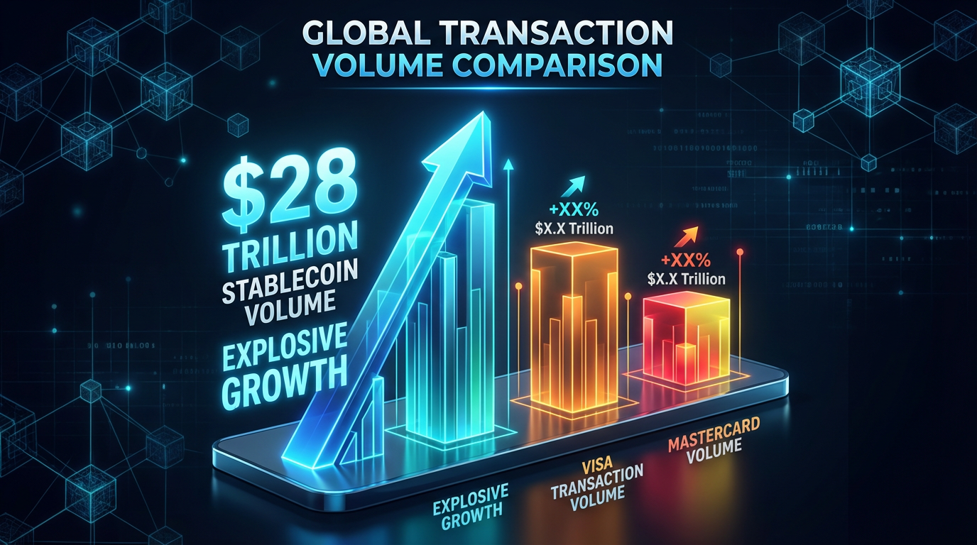 Data visualization infographic comparing stablecoin transaction volumes of $28 trillion to Visa and Mastercard payment processing volumes, showing stablecoins surpassing traditional payment rails