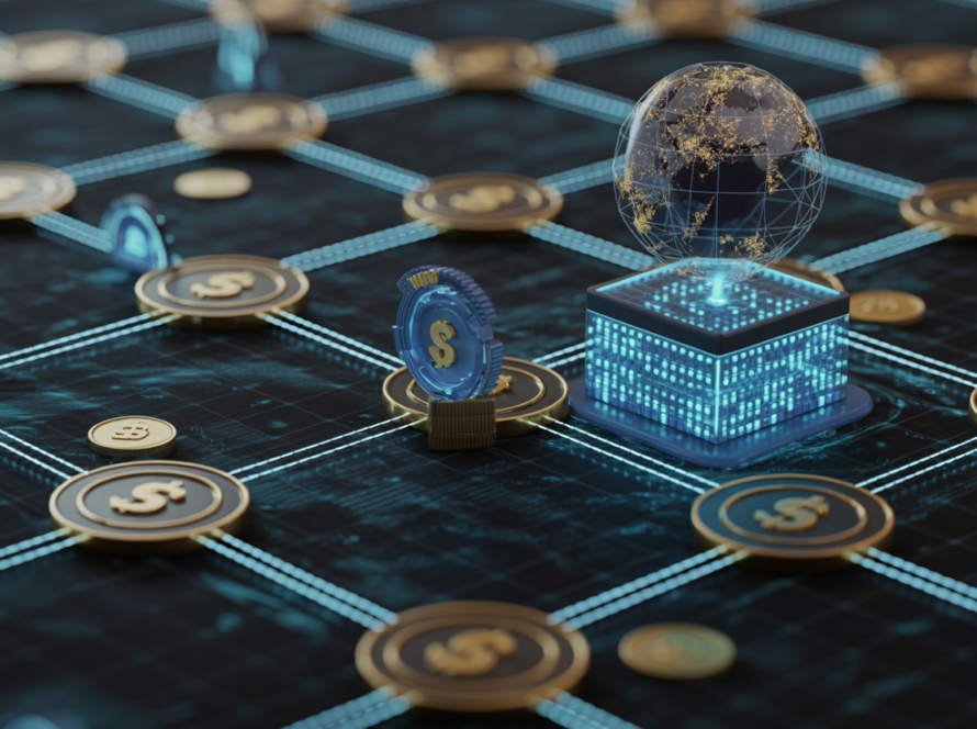 Cinematic visualization of digital payment infrastructure showing blockchain networks, digital currencies, and global connectivity representing the convergence of traditional finance and decentralized technology