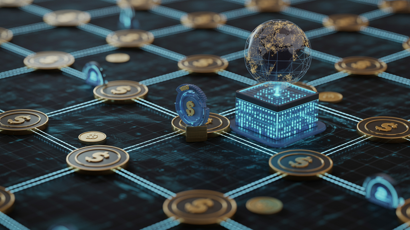 Cinematic visualization of digital payment infrastructure showing blockchain networks, digital currencies, and global connectivity representing the convergence of traditional finance and decentralized technology